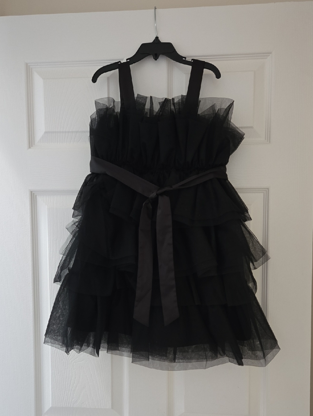 Black Tiered Tulle Dress with Waist Sash